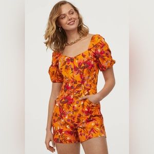 H&M Floral Puff-Sleeved Orange Romper